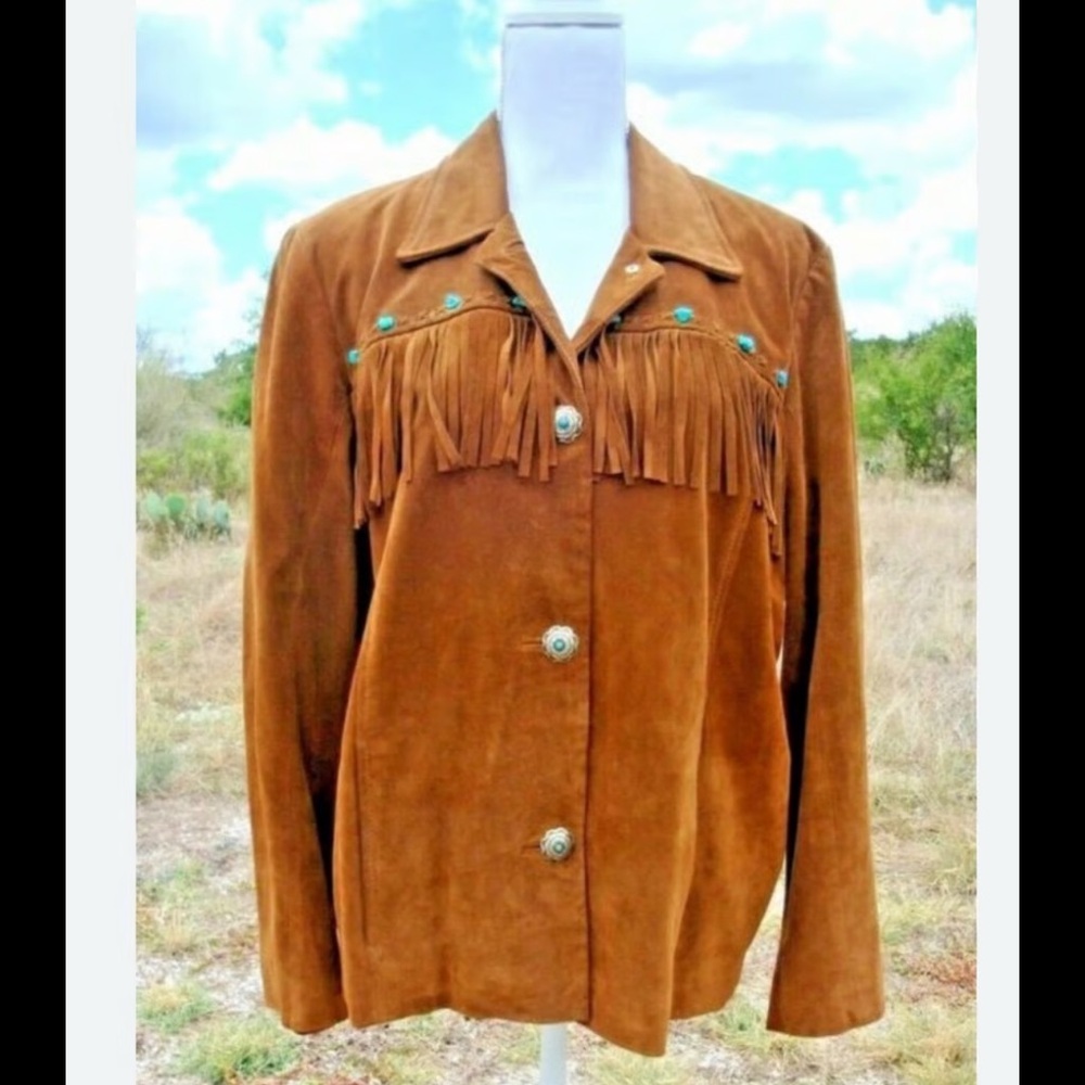 Vintage The Territory Ahead Leather Jacket with fringe and turquoise.